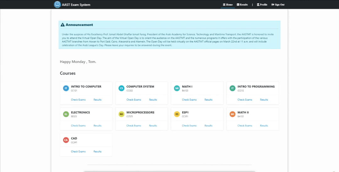 Light blue announcements box, followed by a user greeting message and colorful list of courses.