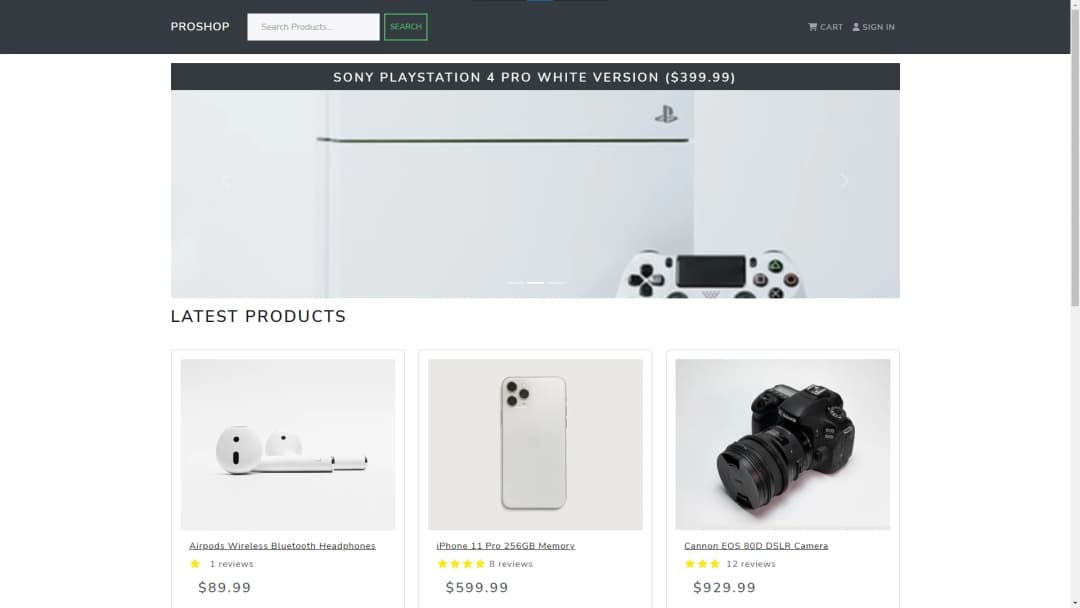 main page of ProShop featuring PS4 and the latest products.